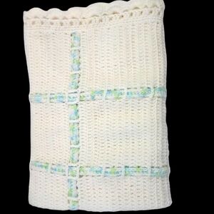 Crochet Baby Blanket White with Blue and Green  Scalloped Edge
